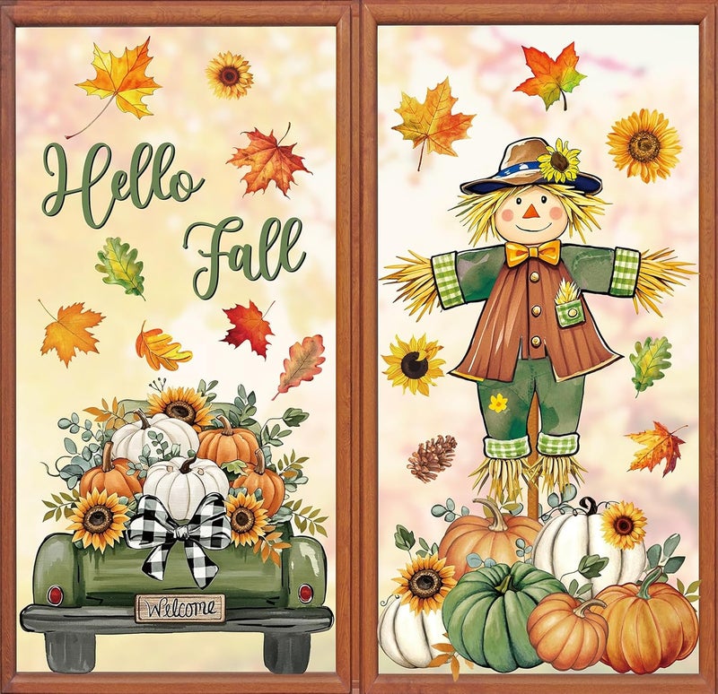 Whaline 6 Sheets Thanksgiving Fall Window Clings Green-Orange Scarecrow Maple Leaves Pumpkin Truck Reusable Window Decals for Autumn Harvest Thanksgiving Home Office School Decor - Image 1